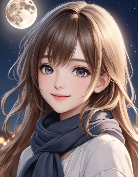 Girl in a scarf with the moon in the background, Very beautiful skin、Smiling face with mouth slightly open、Beautiful anime portraits, Realistic cute girl drawing, Stunning Anime Face Portraits, Cute realistic portrait, Cute portrait, Beautiful character dr...