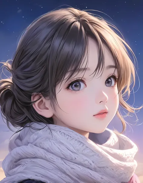 Girl in a scarf with the moon in the background, Very beautiful skin、Beautiful anime portraits, Realistic cute girl drawing, Stunning Anime Face Portraits, Cute realistic portrait, Cute portrait, Beautiful character drawings, Detailed portrait of an anime ...