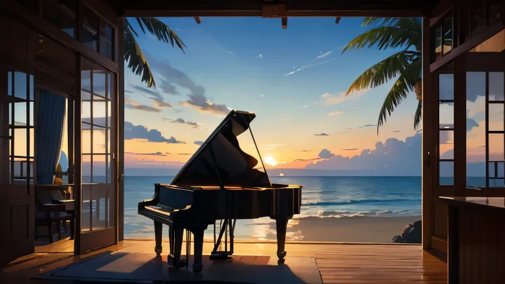 Create a serene and calming scene of a girl playing a grand piano on a beach. The piano is positioned on the sandy shore, with the gentle waves of the ocean in the background. Nearby, there is a cozy beach house with large windows and a welcoming porch, ne...