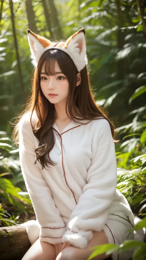 Professional, high-quality photos, 4K resolution, Realistically detailed image of an attractive girl in fluffy white pajamas with fox ears and a fox tail. She is sitting in the middle of a magical forest, Every element is perfectly expressed. The texture o...