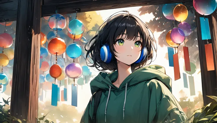 In the grounds of Kawagoe Hikawa Shrine、A black-haired girl with blue headphones and a green hoodie is walking。In the surrounding area、A large number of colorful round glass wind chimes lined up、The gentle breeze is blowing and making beautiful sounds。The ...