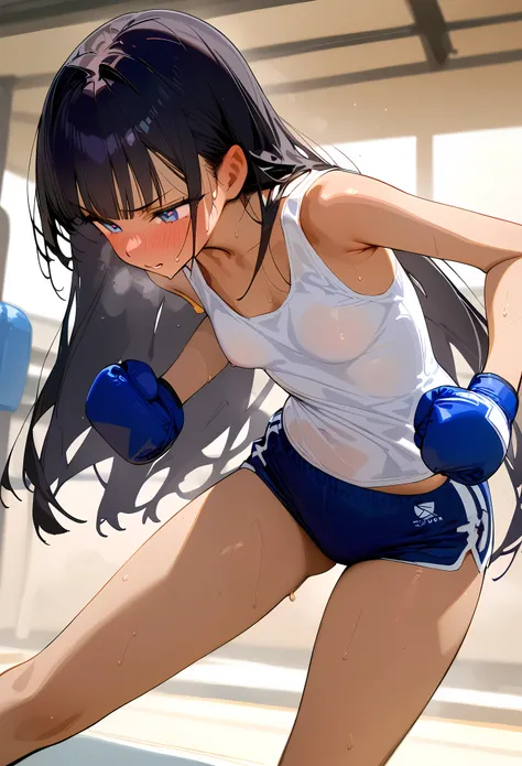 ((masterpiece,best quality anime:1.3,Best Quality)),cowboy shot,portrait,1woman,(young adult),long straight hair,bangs,black hair,((very small head:1.3)),gray eyes,gorgeous eyes,blush,small breasts,((very long body:1.3)),(White tank top、Navy blue boxer tru...