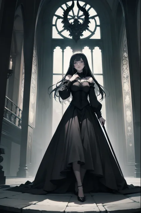 Shadow Face　、beautiful girl、cute、baby face、smile、Long skirt、Black pumps、.(Best Quality,4K,High resolution,Masterpiece 1.2),Very detailed,Real 1.37,Spooky altar background,Dark fantasy,Black color scheme,Ominous atmosphere,Eye-catching,Storytelling,anatomy,...