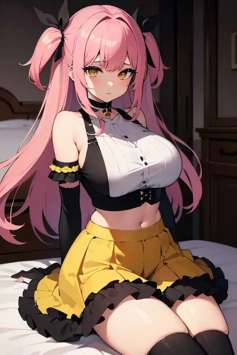 (masterpiece, best quality:1.2), Melodie, melodiebs, 1girl, solo, gigantic breasts, pink hair, big bow, elbow gloves, black crop top, yellow skirt, thigh highs, fur stole, choker, arms behind back, bedroom