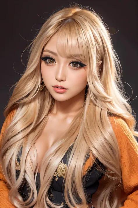 a beautiful Japanese gyaru girl, 1girl, detailed realistic face, beautiful detailed eyes, beautiful detailed lips, long eyelashes, golden blonde straight long hair, minimal accessories, heavy mascara, orange eyeshadow, dramatic full-face makeup, photo stud...