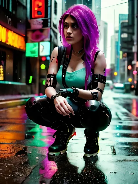 a woman crouches down in the rain in a city, cgsociety cyberpunk, cyberpunk horror style, cyberpunk art, cyberpunk woman, cyberpunk girl, neon rainy cyberpunk setting, cyberpunk))))), cyberpunk art style, cgsociety ), cyberpunk beautiful girl, dreamy cyber...