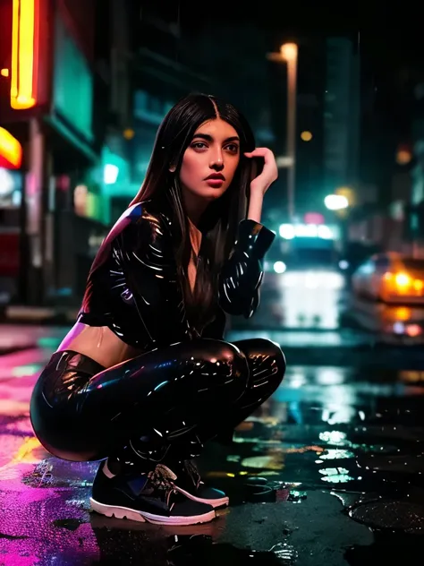 crouching, drenched long hair, shiny dark outfit, futuristic urban environment, night cityscape, heavy rain, neon lights reflecting off wet pavement, intense saturated colors, dramatic moody atmosphere, central street scene, light from above, deep shadows,...