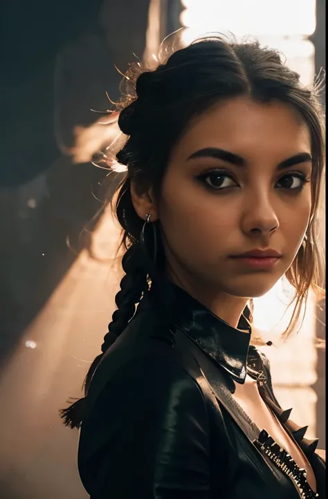 Intricate braided hair with woven silver threads, edgy black leather outfit with metallic studs, large red feather earring, backlighting creating a dramatic contrast, futuristic and intense atmosphere.