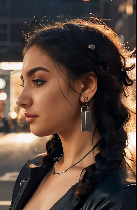 Intricate braided hair with woven silver threads, edgy black leather outfit with metallic studs, large red feather earring, backlighting creating a dramatic contrast, futuristic and intense atmosphere.