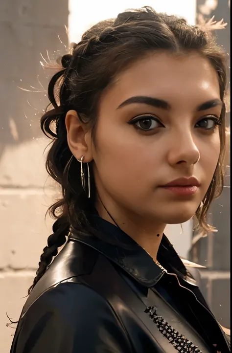 Intricate braided hair with woven silver threads, edgy black leather outfit with metallic studs, large red feather earring, backlighting creating a dramatic contrast, futuristic and intense atmosphere.