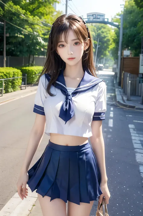 (Ultra HD), (Looking at me), (Short-sleeved sailor uniform, Navy blue mini skirt), Big Breasts, Super beautiful breasts, Slender, (Thin legs:1.2), (Thin thighs:1.2), (Thin Hips:1.4), (Beautiful Skin, Shiny skin, White skin), (Super slim face, Super beautif...