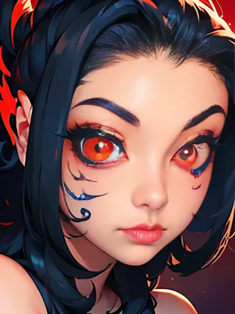 a close up of a woman with a face painted with black and red eyes, with glowing red eyes, cute face. dark fantasy, with red glowing eyes, glowing eyes!! intricate, digital fantasy art ), glowing red eyes, red eyes glowing, beautiful cyberpunk girl face, lu...