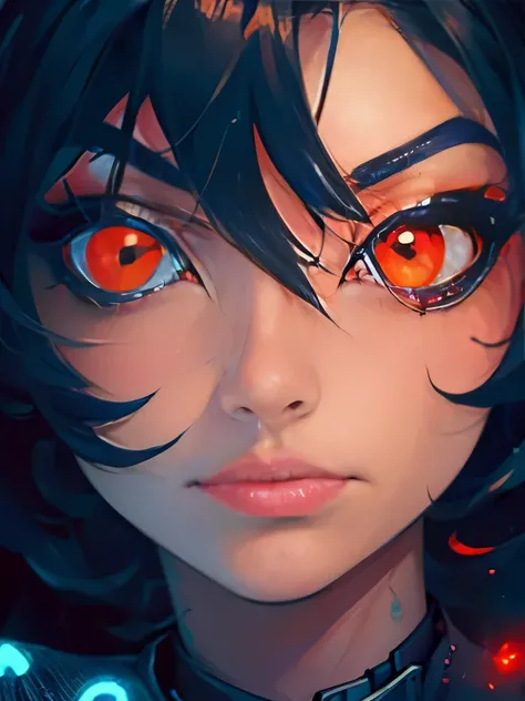 a close up of a woman with a face painted with black and red eyes, with glowing red eyes, cute face. dark fantasy, with red glowing eyes, glowing eyes!! intricate, digital fantasy art ), glowing red eyes, red eyes glowing, beautiful cyberpunk girl face, lu...