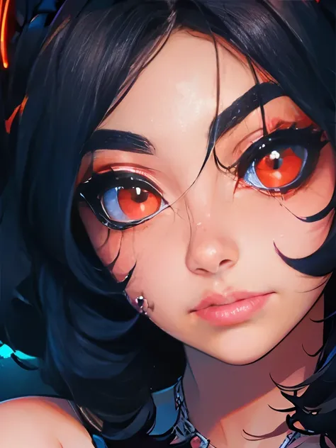 a close up of a woman with a face painted with black and red eyes, with glowing red eyes, cute face. dark fantasy, with red glowing eyes, glowing eyes!! intricate, digital fantasy art ), glowing red eyes, red eyes glowing, beautiful cyberpunk girl face, lu...