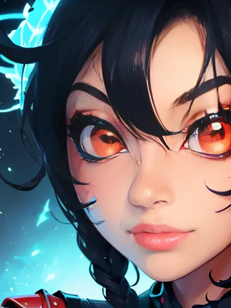 a close up of a woman with a face painted with black and red eyes, with glowing red eyes, cute face. dark fantasy, with red glowing eyes, glowing eyes!! intricate, digital fantasy art ), glowing red eyes, red eyes glowing, beautiful cyberpunk girl face, lu...