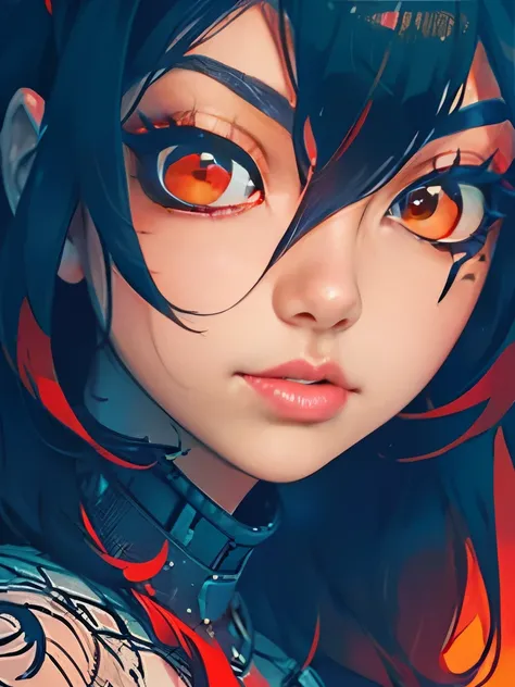 a close up of a woman with a face painted with black and red eyes, with glowing red eyes, cute face. dark fantasy, with red glowing eyes, glowing eyes!! intricate, digital fantasy art ), glowing red eyes, red eyes glowing, beautiful cyberpunk girl face, lu...