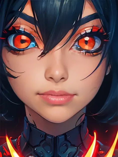 a close up of a woman with a face painted with black and red eyes, with glowing red eyes, cute face. dark fantasy, with red glowing eyes, glowing eyes!! intricate, digital fantasy art ), glowing red eyes, red eyes glowing, beautiful cyberpunk girl face, lu...