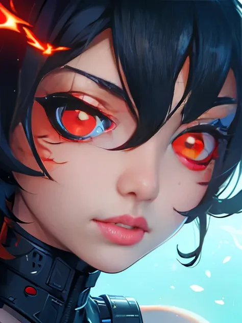 a close up of a woman with a face painted with black and red eyes, with glowing red eyes, cute face. dark fantasy, with red glowing eyes, glowing eyes!! intricate, digital fantasy art ), glowing red eyes, red eyes glowing, beautiful cyberpunk girl face, lu...