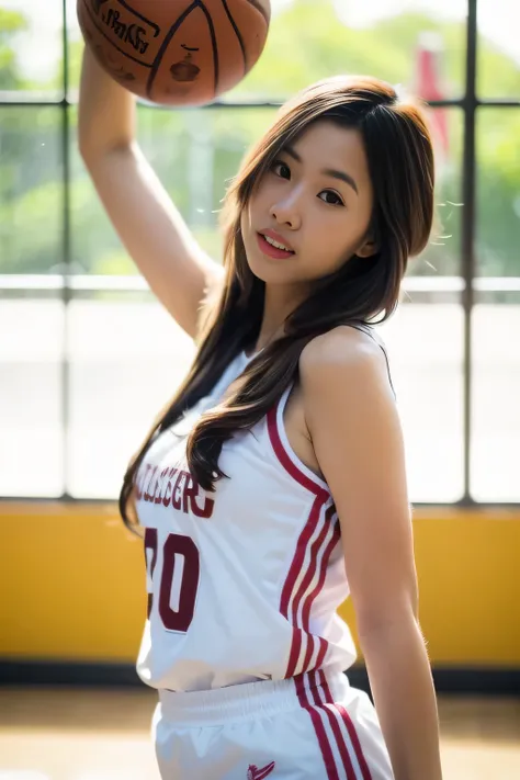 young thai woman dark long hair, flowing hair ,
wearing a basketball uniform , pose ,
holding basketball ,
random shot
white sun...