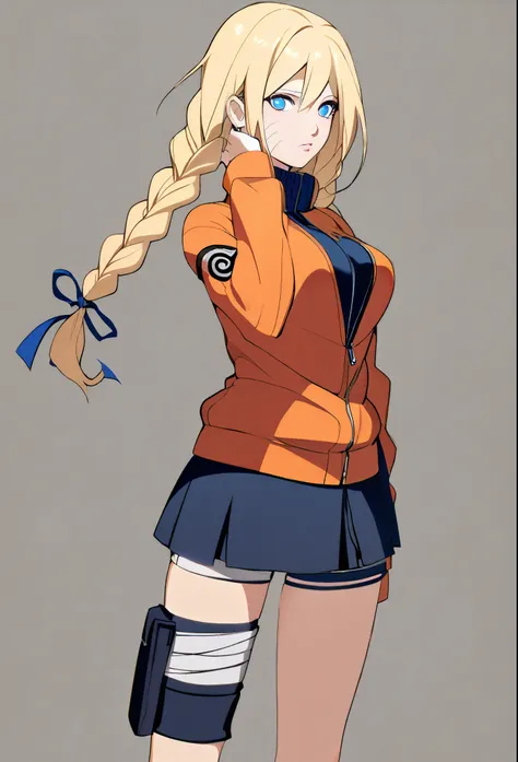 1girl, alone, blonde hair, long hair, breasts, blue eyes, double braids, naruto, skirt, short shorts, orange jacket,