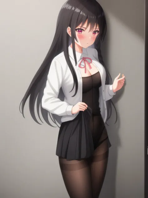 1 Girl, Solitary, underwear, Long_hair, Black hair, Pantyhose, Red_Eye, , Pantyhose_pull, blush, groin, White_, Umbilical cord, Searching for_exist_peeping exist the viewer, Panties_pull, White_Pantyhose, Mouth_catch, hair_between_Eye, lifted_go through_Le...