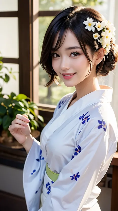 (masterpiece, Best Quality:1.4), Beautiful face, 8K, 85mm, absurderes, (floral pattern yukata:1.4), The upper part of the body, Exposing breasts, Violaceas, Gardenias, Delicate girl, Solo, Night, Looking at Viewer, Upper body, Film grain, chromatic aberrat...