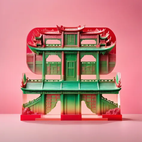 Pink polyurethane plastic model: A red and green temple with a semi transparent water style, playful illustrations, light red and green, subtle color gradients, playful, dreamy imagery, Chinese punk, Rococo art and design, sublimation of form