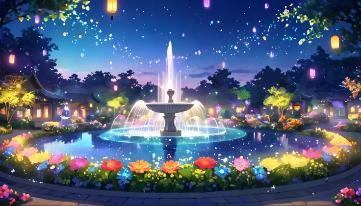 Dream garden digital illustration。Colorful flowers々A beautiful garden filled with blooming flowers。In the center of the garden there is a fountain of light.、The water splashes shine in rainbow colors。There are floating lanterns throughout the garden.、It em...