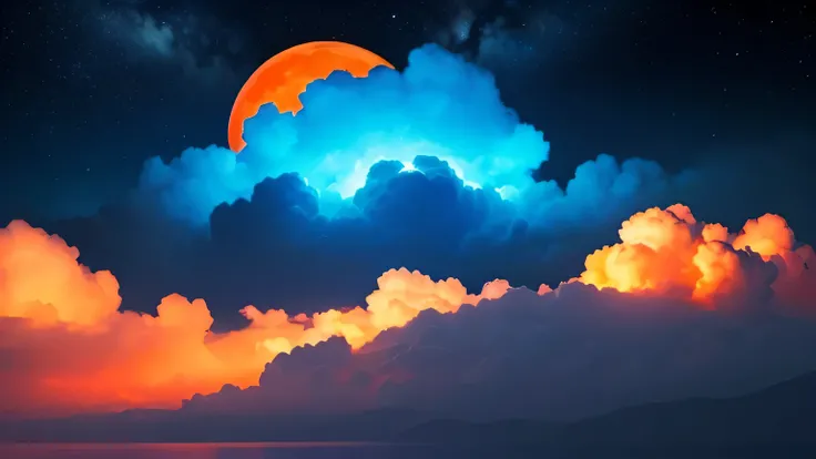 Create a fantastic image using only blue and orange on a black background.。Draw a night sky above the clouds。The night sky uses a blue and orange gradation.、Create a mysterious and beautiful space。