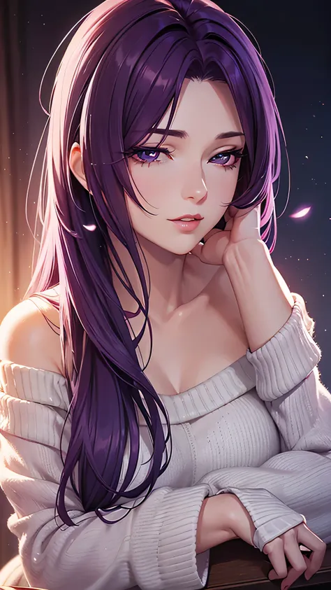 portrait, realistic, elegant mature woman, violet eyes, magenta hair, long hair, Off-shoulder Sweater, 4k resolution, high quality cg, beautiful cg, soft light