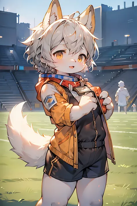 Dwarf bunny girl，furry girl，Female infant characteristics，Gray hair，Three-color skin，Vest，shorts，Wear a gold medal，Sports field background