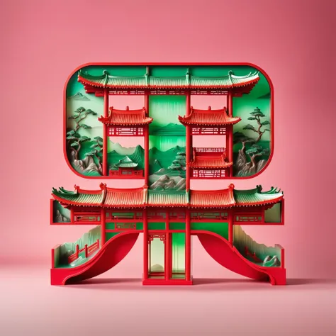 Pink polyurethane plastic model: A red and green temple with a semi transparent water style, playful illustrations, light red and green, subtle color gradients, playful, dreamy imagery, Chinese punk, Rococo art and design, sublimation of form