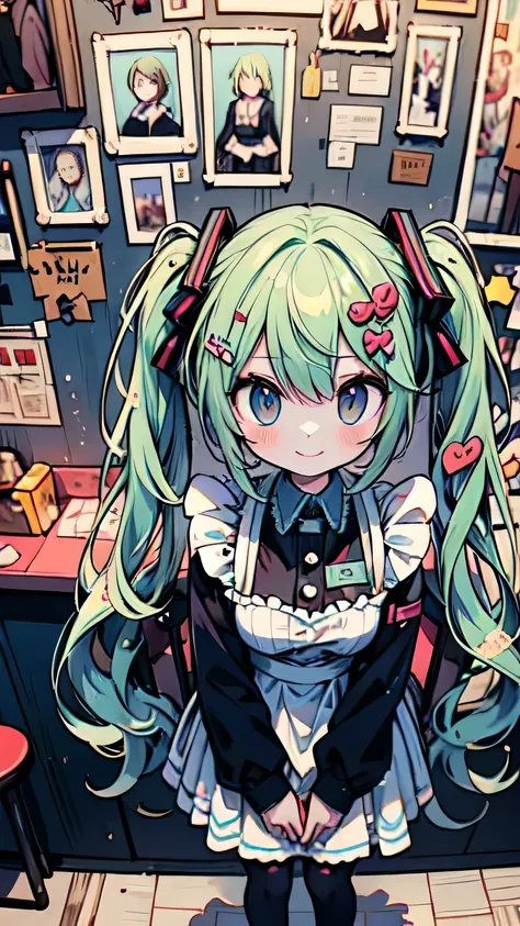 Full body portrait of Hatsune Miku wearing a (cute) maid outfit, standing in a cozy café setting. She has a joyful expression, showcasing her signature green hair styled in twin tails. Background features (soft) lighting and vintage furniture, enhancing th...