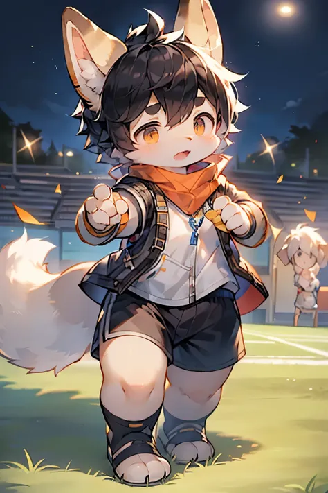 Dwarf rabbit boy，furry boy，Characteristics of young children，Black hair，White skin，Vest，shorts，Wear a gold medal，Sports field background