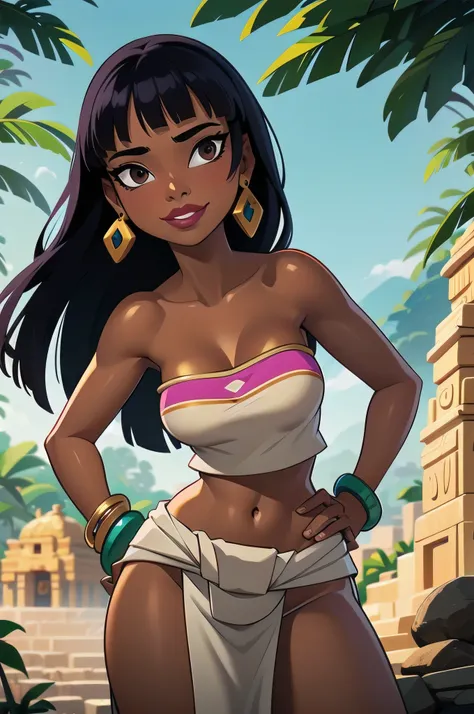 (masterpiece, best quality:1.3), 1girl, solo, chel_eldorado, black hair, long hair, blunt bangs, brown eyes, dark skin, lipstick...