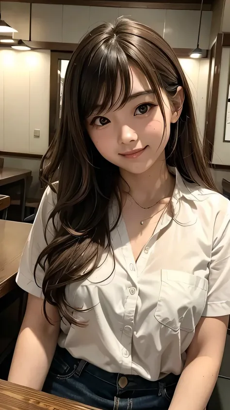 Japanese girl with light brown eyes. Long wavy light brown hair. She is smiling. She is wearing a dirty white shirt. She is sitting in front of a table, inside an old diner.