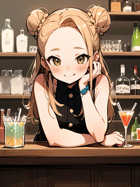 solo, bar counter, elbow, pastel brown color cone hair bun, big forehead, button gap, drunk face, cheek, bar, cocktail glass, (manga style), (sketch), (illustration),