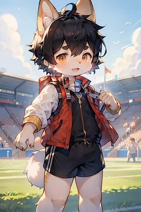 Dwarf rabbit boy，furry boy，Characteristics of young children，Black hair，White skin，Vest，shorts，Wear a gold medal，Sports field background