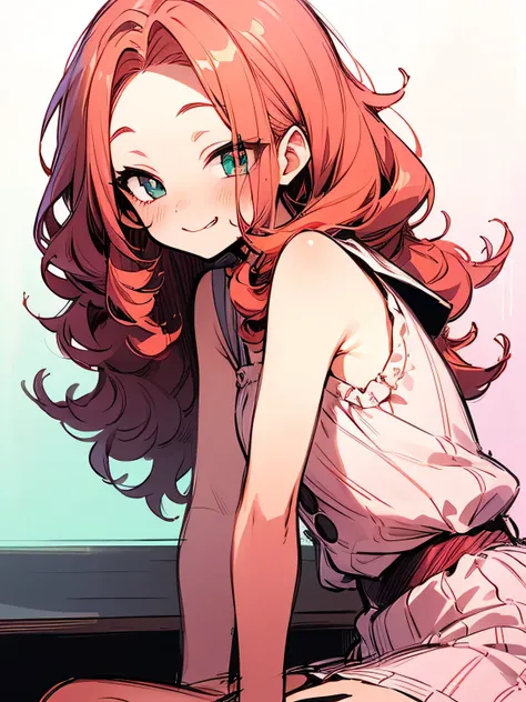 solo, bar counter, elbow, pastel red color loose curly hair, big forehead, button gap, drunk face, cheek, bar, cocktail glass, (manga style), (sketch), (illustration),