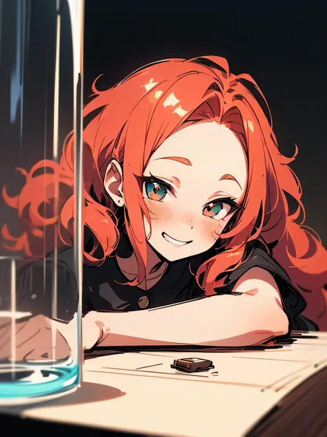 solo, bar counter, elbow, pastel red color loose curly hair, big forehead, button gap, drunk face, cheek, bar, cocktail glass, (manga style), (sketch), (illustration),