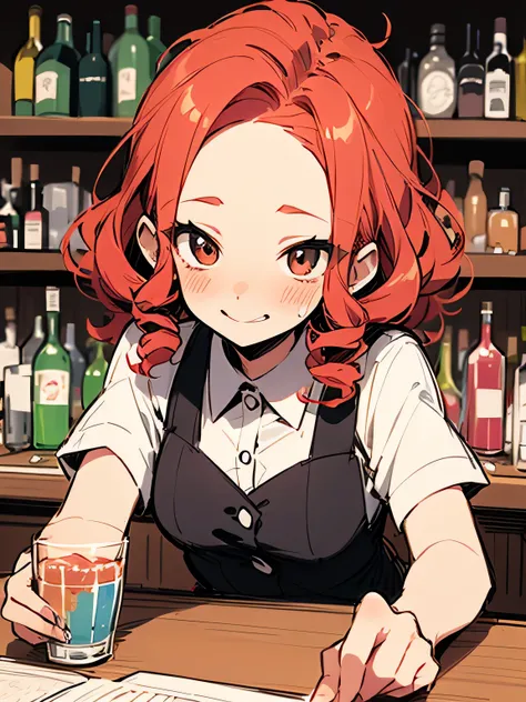 solo, bar counter, elbow, pastel red color loose curly hair, big forehead, button gap, drunk face, cheek, bar, cocktail glass, (manga style), (sketch), (illustration),