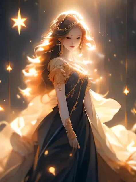 Long black hair adorned with golden star accessories, wearing an intricate black dress with starry embellishments, standing in a mysterious and enchanting atmosphere, with the background filled with scattered golden stars creating a celestial ambiance. The...