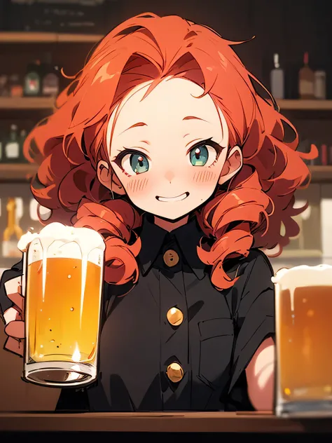 solo, bar counter, elbow, pastel red color loose curly hair, big forehead, button gap, drunk face, cheek, beer bar, beer glass, (manga style), (sketch), (illustration),