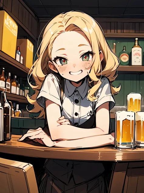 solo, bar counter, elbow, blight blonde color loose curly hair, big forehead, button gap, drunk face, cheek, beer bar, beer glass, (manga style), (sketch), (illustration),