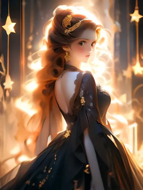 Long black hair adorned with golden star accessories, wearing an intricate black dress with starry embellishments, standing in a mysterious and enchanting atmosphere, with the background filled with scattered golden stars creating a celestial ambiance. The...