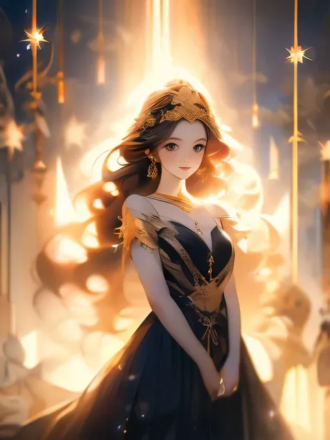 Long black hair adorned with golden star accessories, wearing an intricate black dress with starry embellishments, standing in a mysterious and enchanting atmosphere, with the background filled with scattered golden stars creating a celestial ambiance. The...