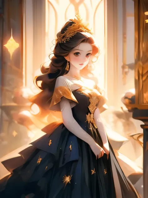 Long black hair adorned with golden star accessories, wearing an intricate black dress with starry embellishments, standing in a mysterious and enchanting atmosphere, with the background filled with scattered golden stars creating a celestial ambiance. The...