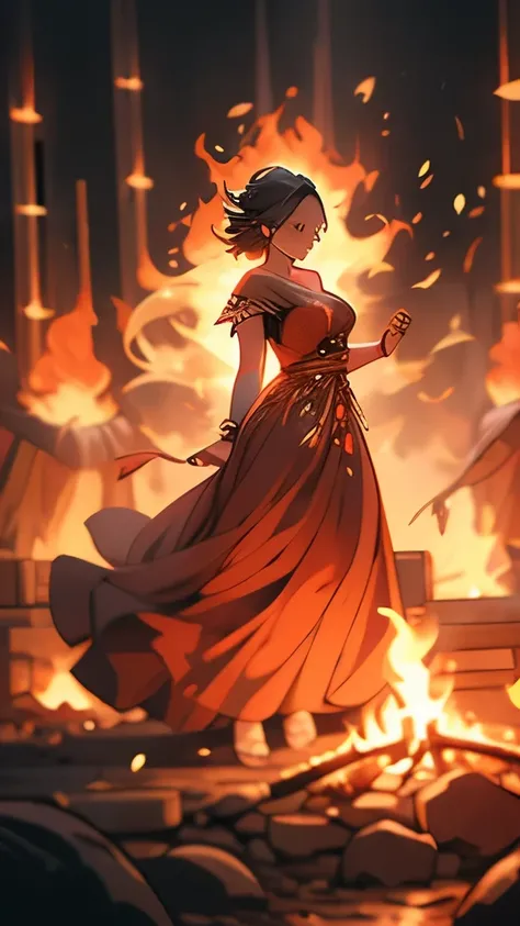 a woman in a red dress is dancing in front of a fire, dress made of fire, her body made of flames, goddess of fire, flames surround her, fire dress, walking out of flames, witch burning, standing in fire, appears as the fire goddess, woman made of black fl...