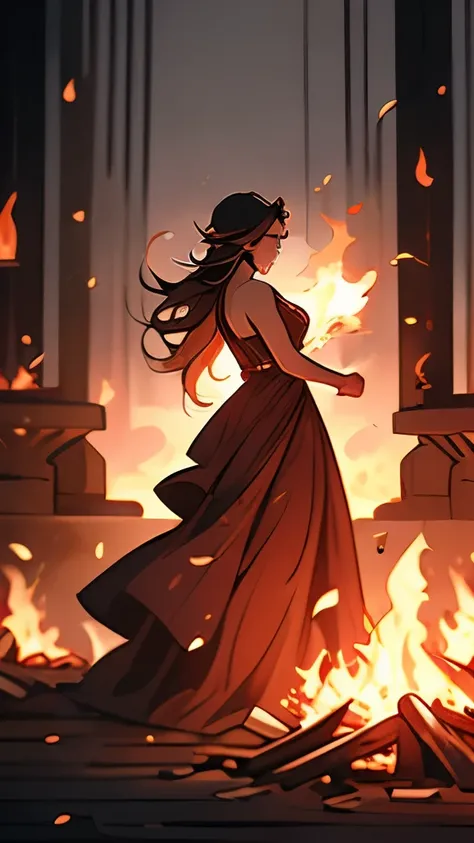 a woman in a red dress is dancing in front of a fire, dress made of fire, her body made of flames, goddess of fire, flames surround her, fire dress, walking out of flames, witch burning, standing in fire, appears as the fire goddess, woman made of black fl...