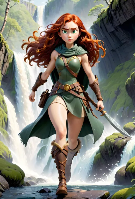 Create a Pixar-style female character/Disney, with a mysterious and striking appearance. She has long, wavy red hair that flows like flames. Your expression should convey strength and determination, with intense and penetrating eyes that reflect a hidden w...